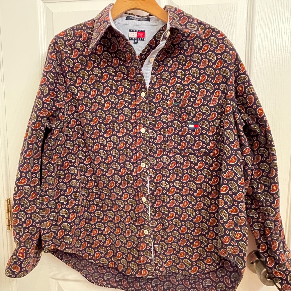 Tommy Hilfiger Vintage Paisley Corduroy Cotton Button Up Blouse Size 10